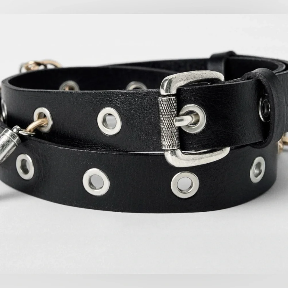 ZARA x KATE MOSS Black Leather Belt with Studs/Gold Charms  display picture 2